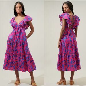 Sugarlips Pink and Blue Floral Yeraldi Berry Fiora Ruffle Open Back Midi Dress S